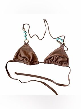 Hot Kiss Brown Triangle Bikini Top with Turquoise Bead Accents Sz S